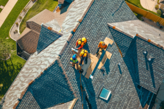 Maintenance Aerial view of four construction workers in safety gear installing roofing materials on a Colorado Springs home during restoration.