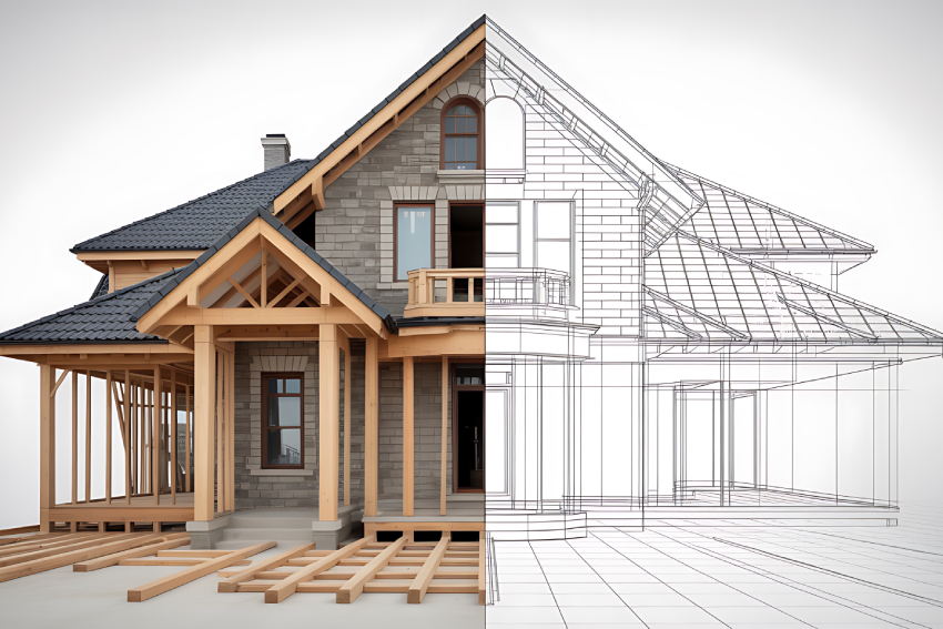Empty unfurnished loft mansard room interior with wooden columns and wet concrete floor on roof level in black and whote style color Half-built house with wood frame and new brick exterior roofing in Colorado Springs merging into a wireframe drawing on the right.