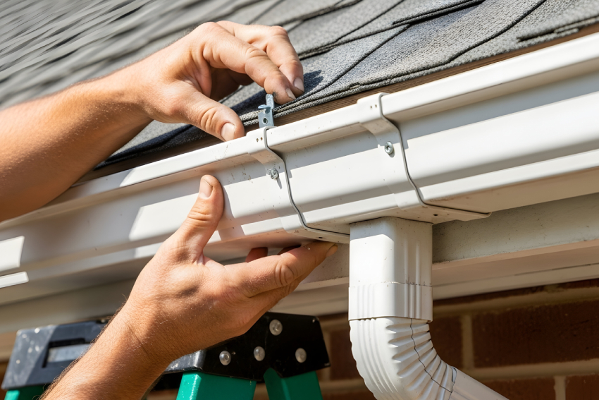 Empty unfurnished loft mansard room interior with wooden columns and wet concrete floor on roof level in black and whote style color Person repairing a white rain gutter on a house roof in Colorado Springs, using a ladder—part of exterior home restoration work.