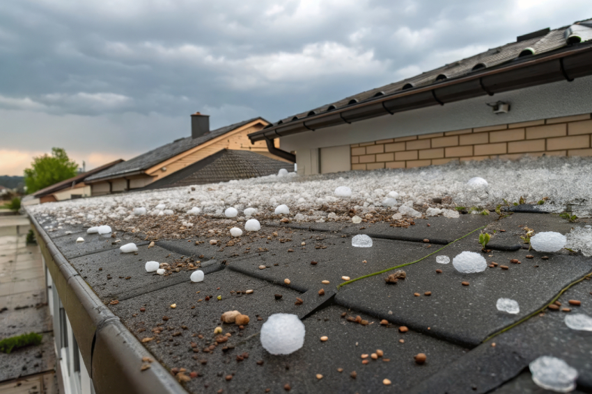 Empty unfurnished loft mansard room interior with wooden columns and wet concrete floor on roof level in black and whote style color Large hailstones on a home's roof in Colorado Springs after a hailstorm, highlighting the need for roofing restoration services.