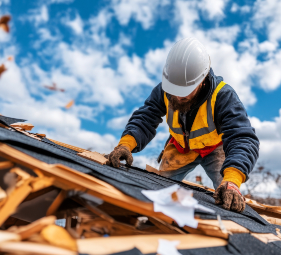 Why choose us Construction worker in a hard hat and vest installs shingles for exterior home restoration in Colorado Springs, debris nearby.